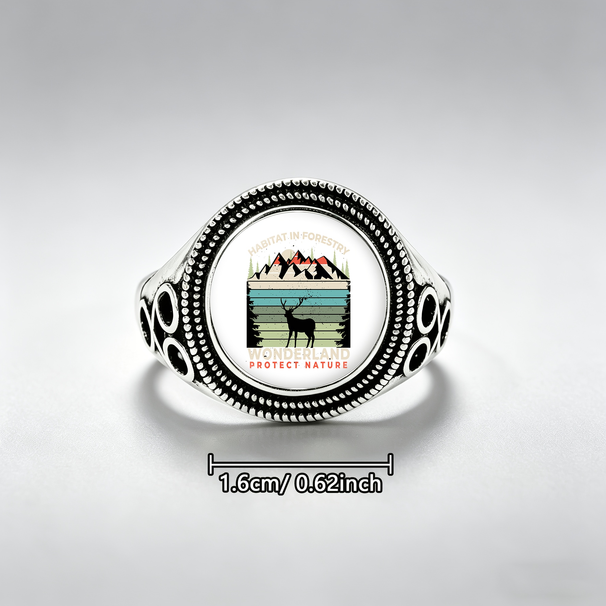 Unisex Adjustable Open-End Ring with Distressed Deer & Mountain Design